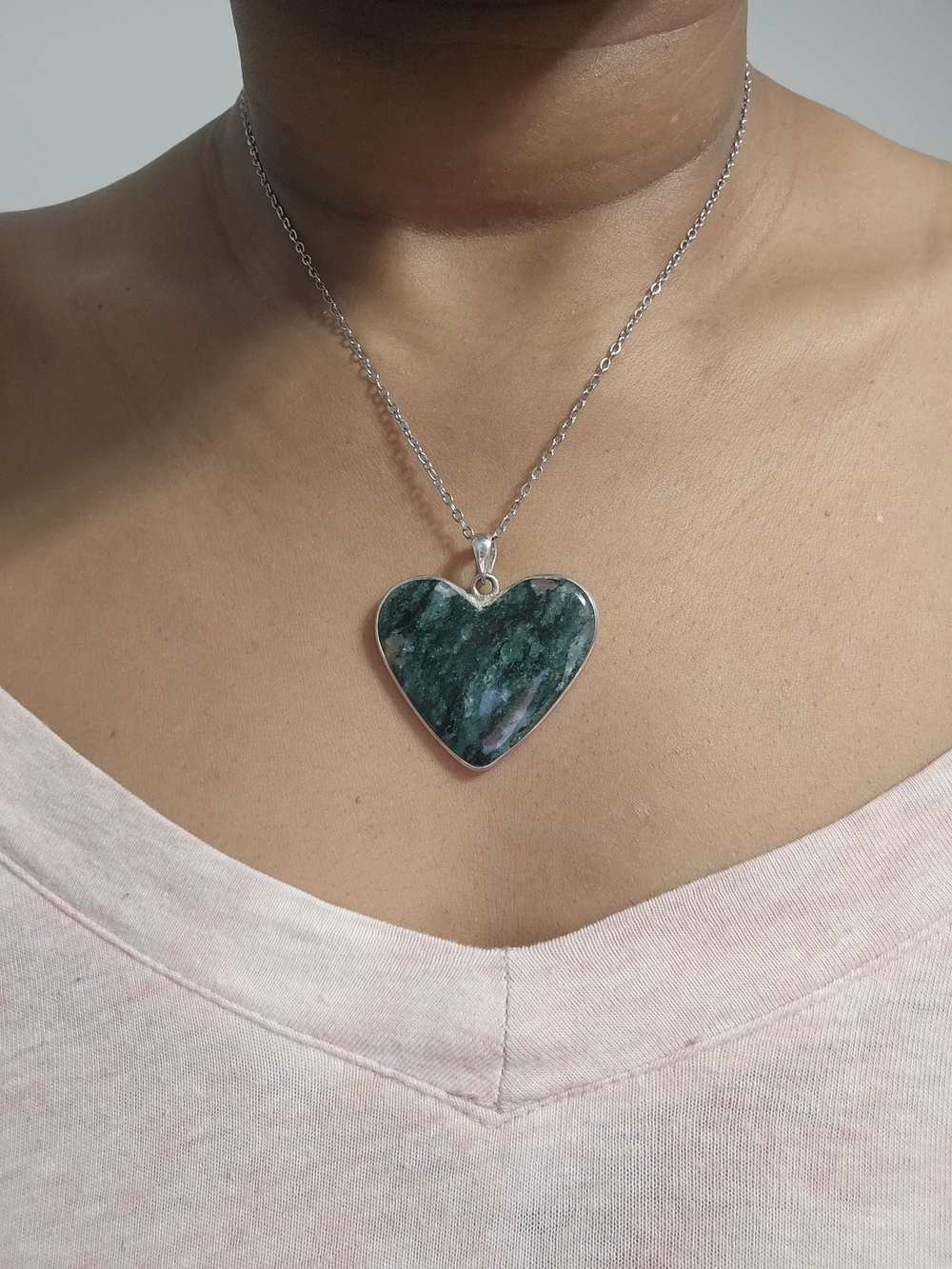 Heart-Shaped Moss Agate Pendant Necklace